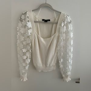 French Connection White mixed media cropped sweater with floral sleeves